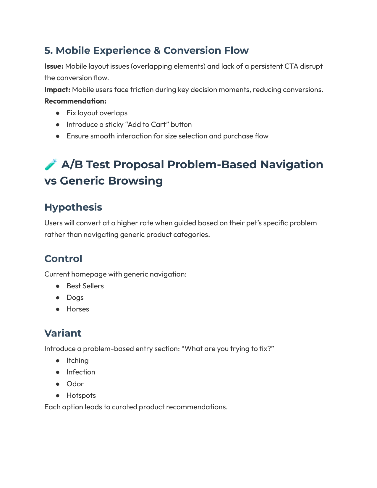 Mobile friction finding and the proposed A/B test: problem-based navigation vs generic browsing.